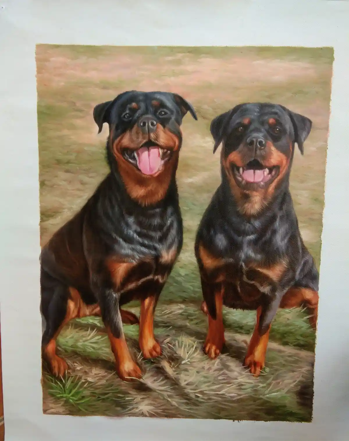 A painting depicts two Rottweiler dogs sitting side-by-side on grass, both with open mouths and tongues out, appearing…