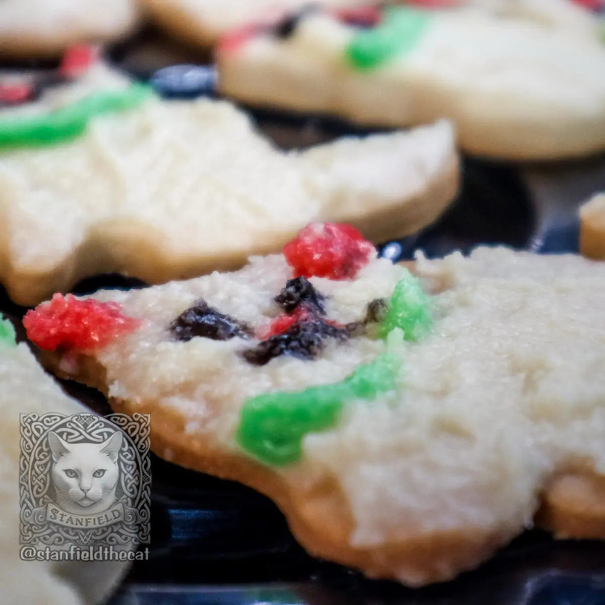 A close-up photo shows a broken Christmas cookie with red, green, and black candy pieces exposed, revealing its sugary…