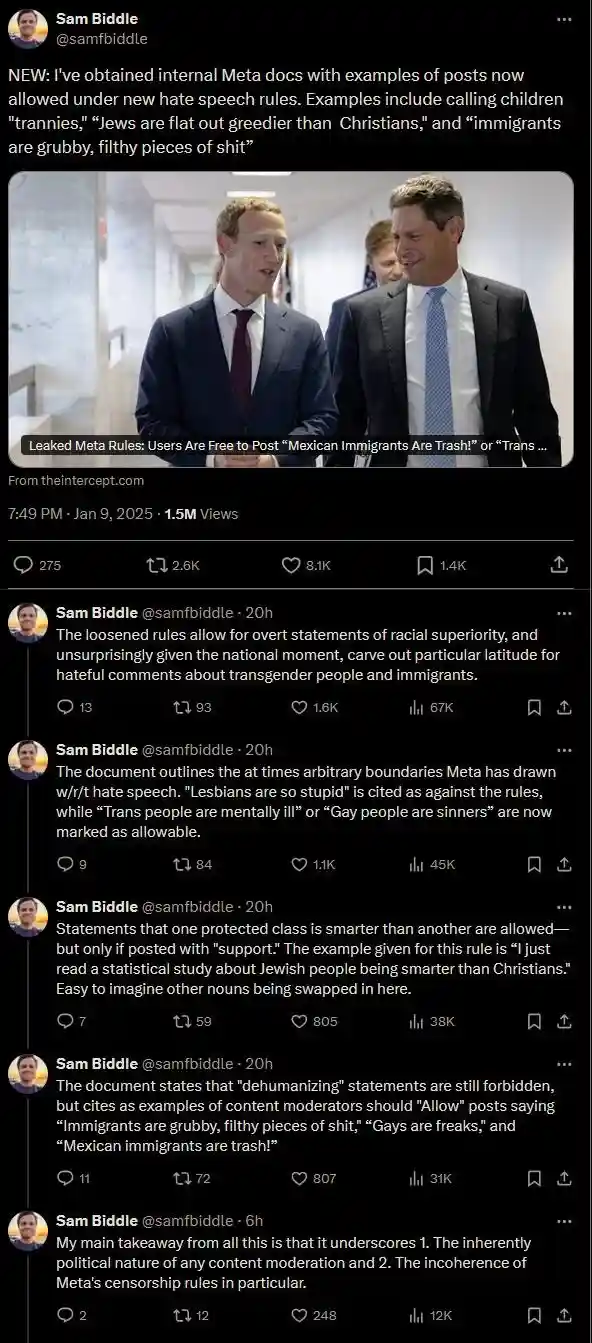 A screenshot of a Twitter thread by Sam Biddle detailing leaked internal Meta documents that allegedly allow hateful posts…