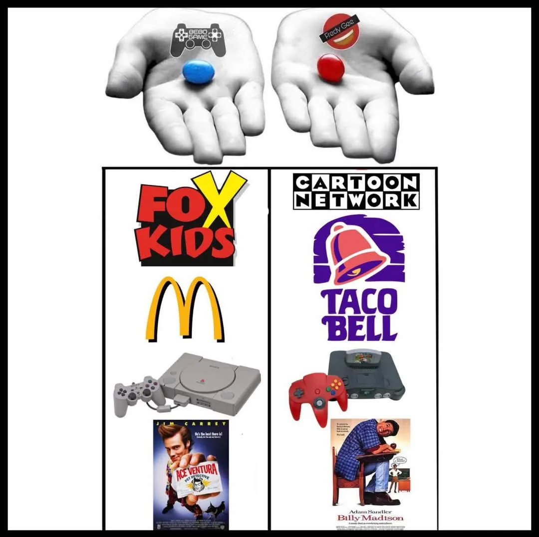 Two hands hold colored candies; left has a game controller tattoo and blue candy, right has a Freddy Fazbear logo tattoo and…