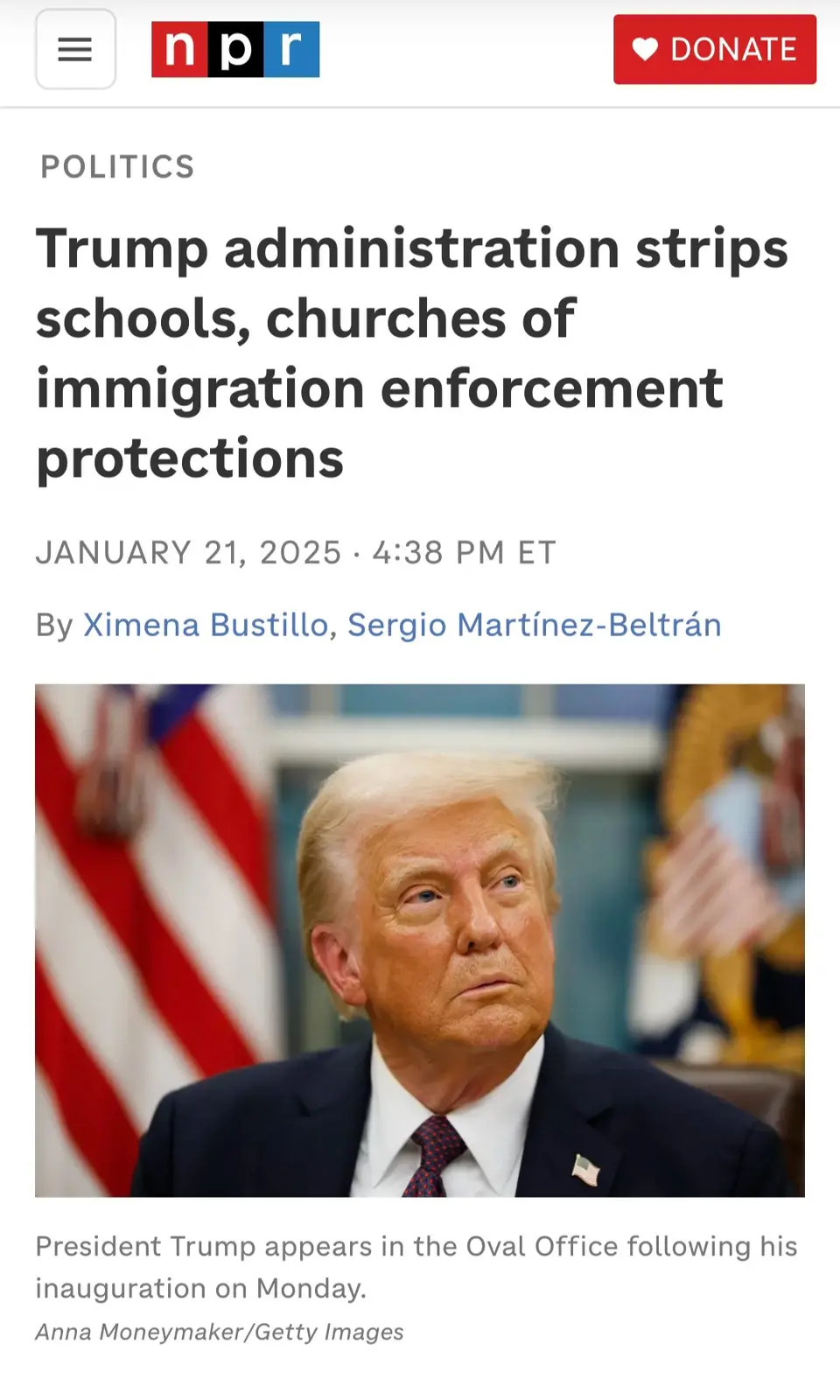 An NPR news article screenshot from January 21, 2025, shows a photo of Donald Trump in the Oval Office with an American flag…