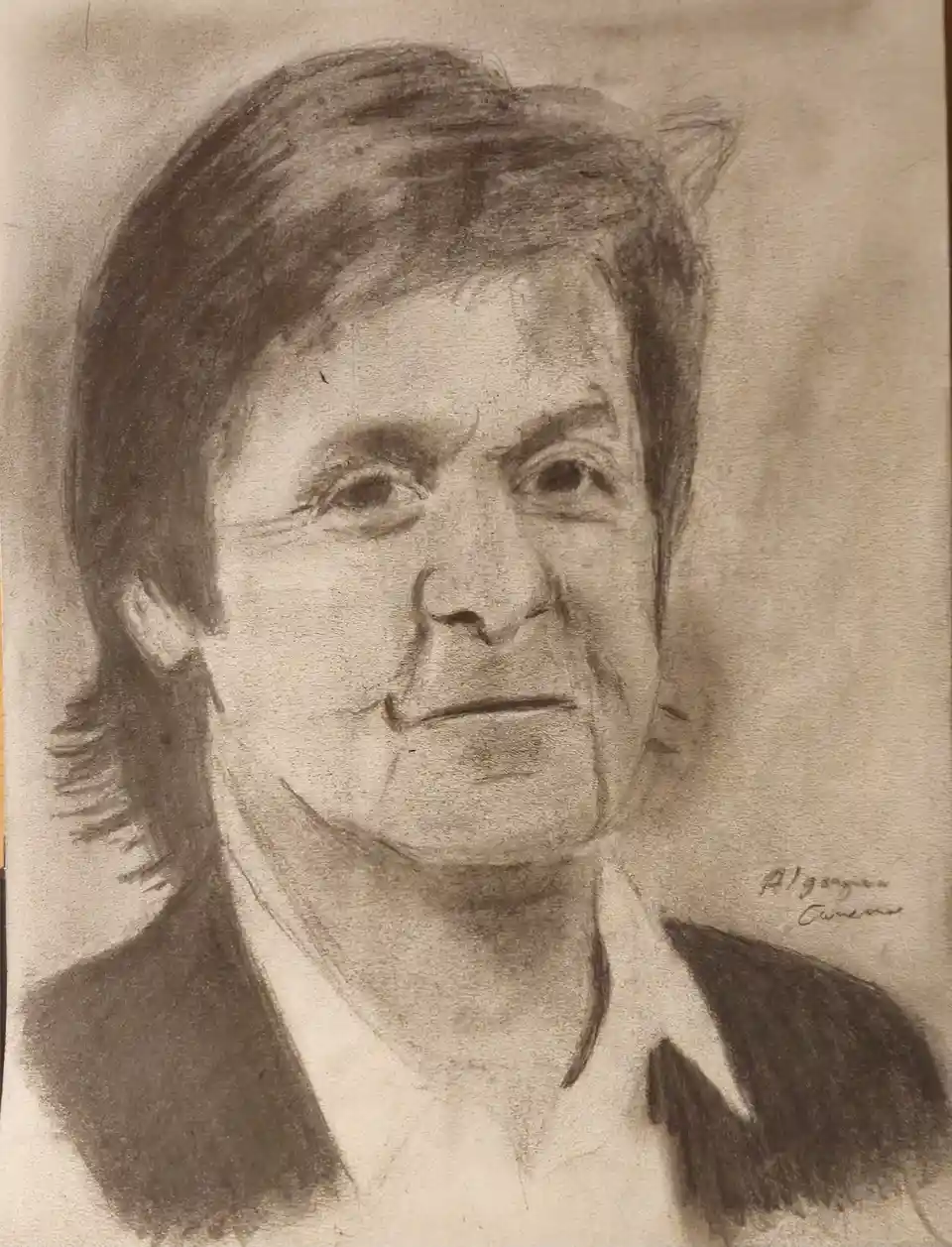 A sepia-toned charcoal sketch of a man with dark hair and a serious expression, wearing a collared shirt under a dark…