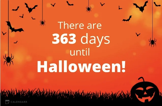 An orange Halloween-themed graphic with black bats and spiders hanging from strings, a jack-o'-lantern in the bottom right…