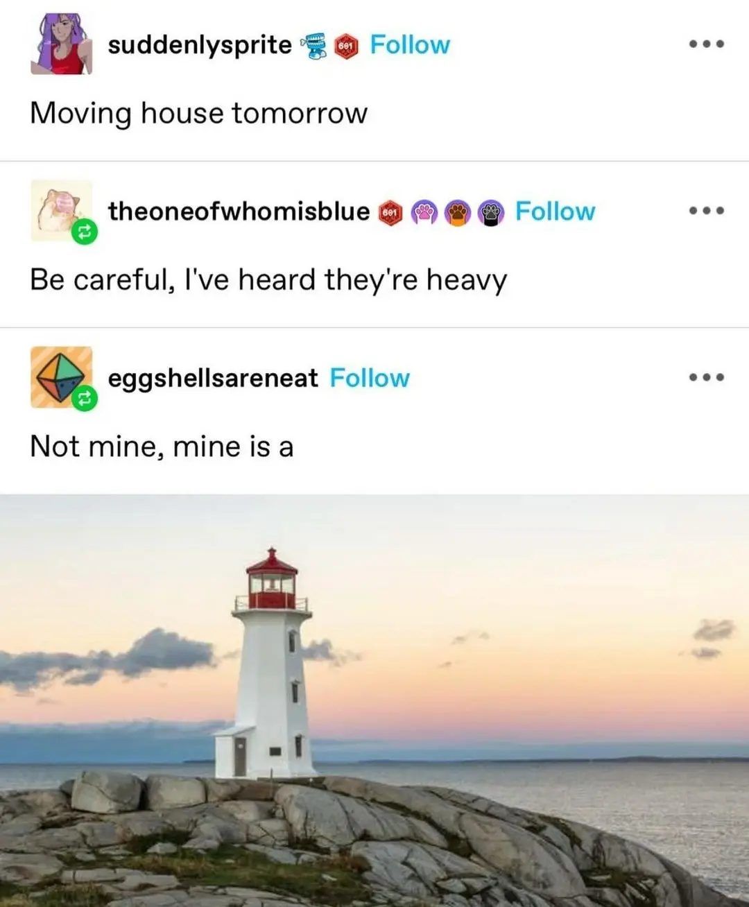 The image shows a screenshot of three social media comments overlaid on a photo of a white lighthouse on a rocky shore at…