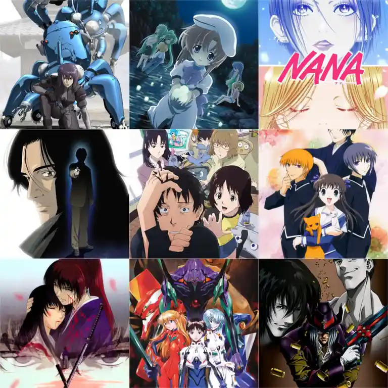 A 3x3 grid collage of nine distinct anime scenes: a woman with a giant blue mech, a nurse holding a glowing orb, two anime…