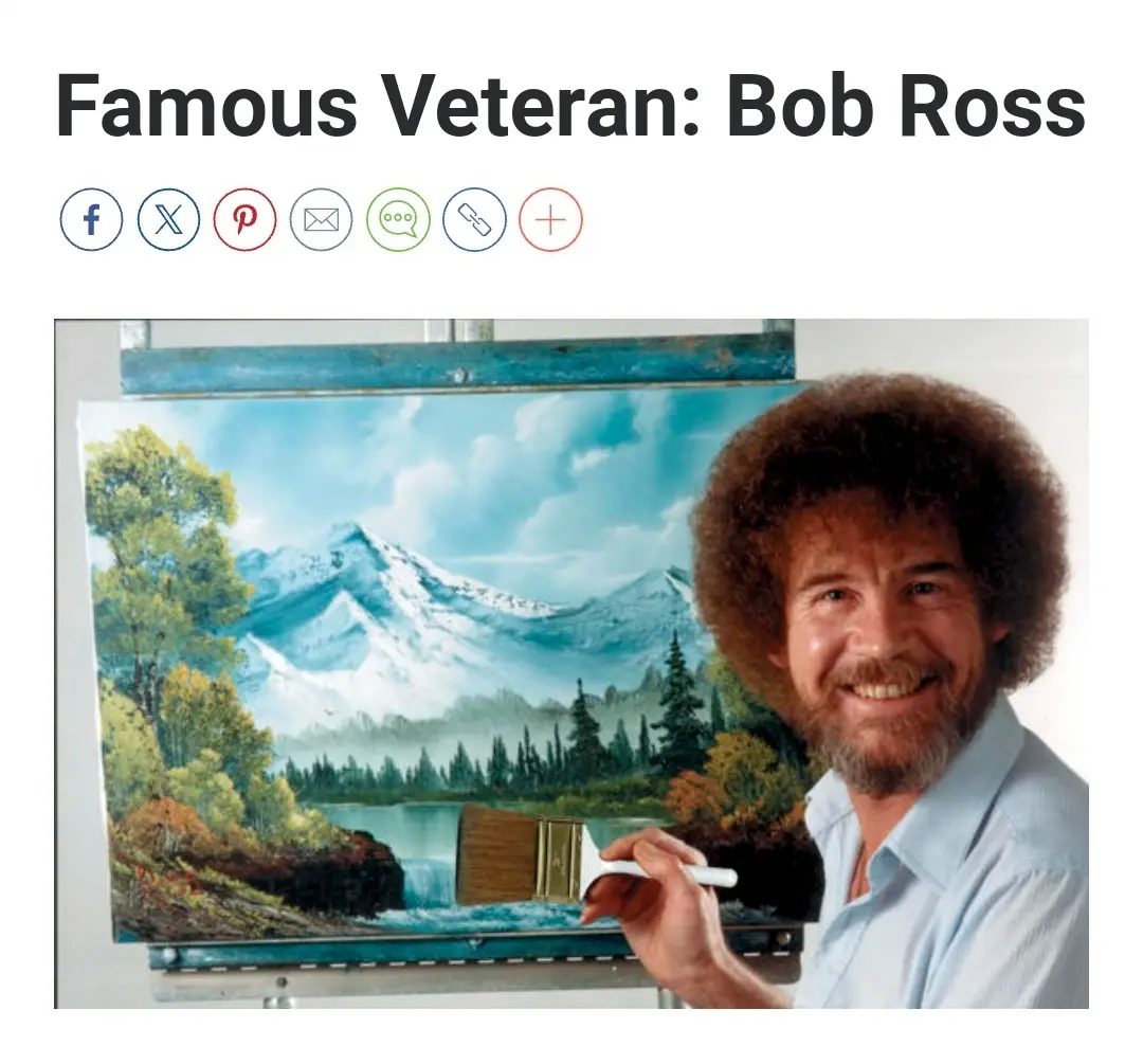 A smiling Bob Ross, known for his painting show, holds a paintbrush in front of a completed landscape painting featuring…