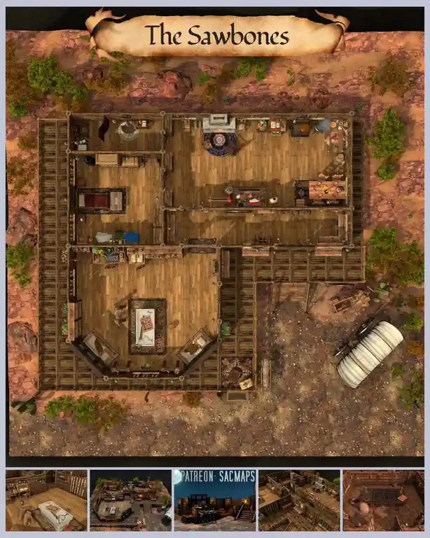 An overhead view of a detailed, rustic wooden building labeled 'The Sawbones' with various rooms, furniture, and a wagon…