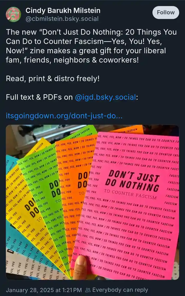 A hand holds a fanned-out stack of brightly colored pamphlets, each printed with the text 'DON'T JUST DO NOTHING TO COUNTER…