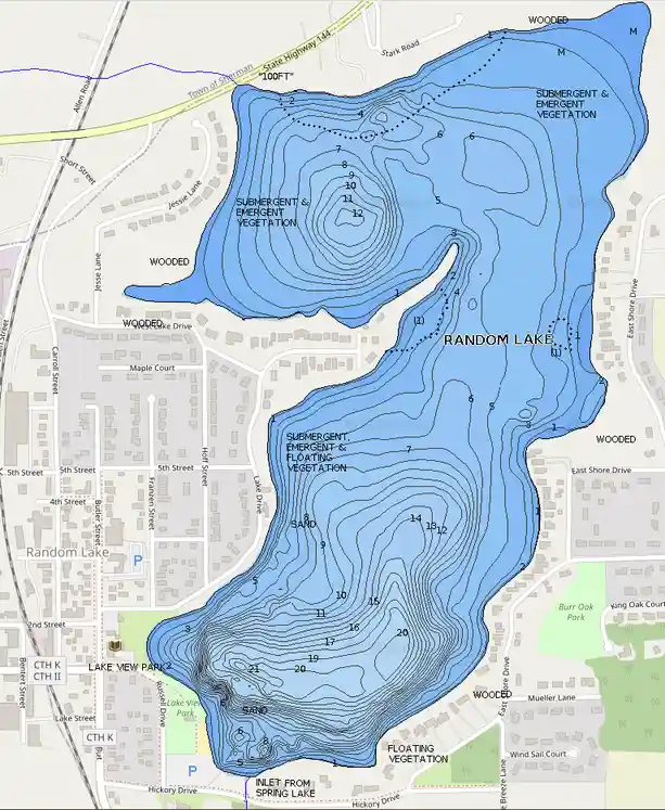 A topographic map of a lake labeled 'RANDOM LAKE' shows contour lines, depth markers, and zones of submerged/emergent…