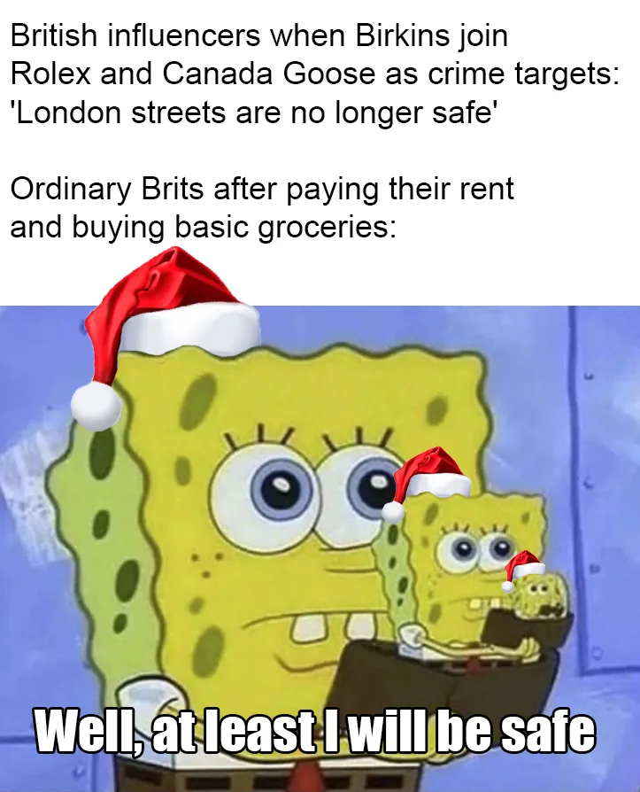 The image shows three versions of SpongeBob SquarePants, each wearing a red Santa hat, with the largest version in the…