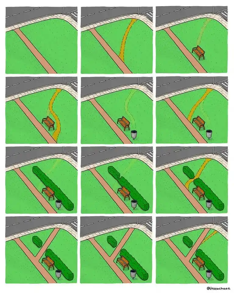 A nine-panel comic strip shows a park bench with a yellow trail leading to it, then a trash can appears, then a hedge grows…
