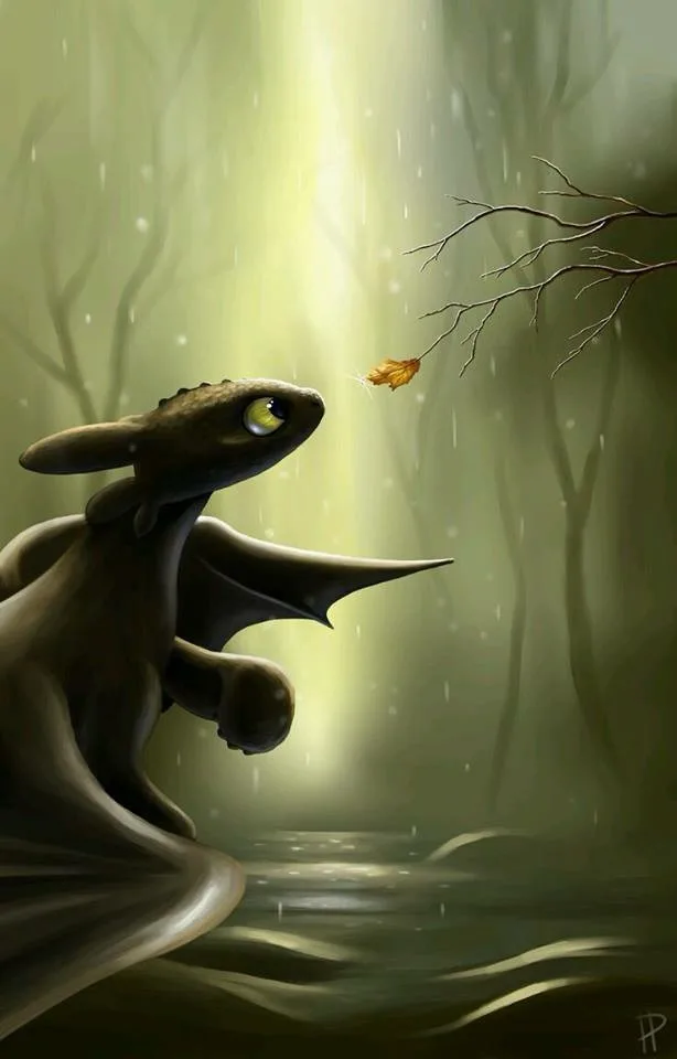 A small, dark-colored dragon with large yellow eyes sits in a misty, rainy forest, looking up at a single yellow leaf…