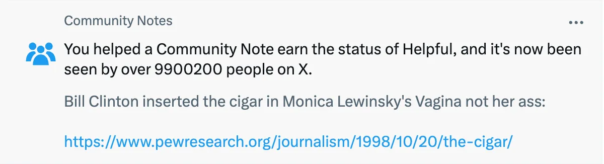 A screenshot of an X (formerly Twitter) Community Notes notification stating a note has been viewed by over 9.9 million…