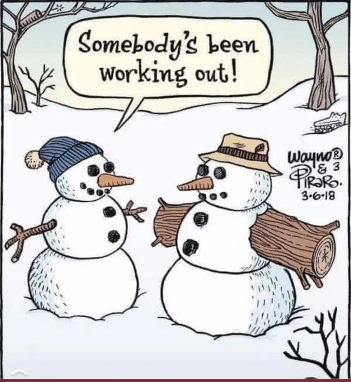 Two cartoon snowmen stand in a snowy landscape with bare trees; the snowman on the right, wearing a straw hat and carrying a…