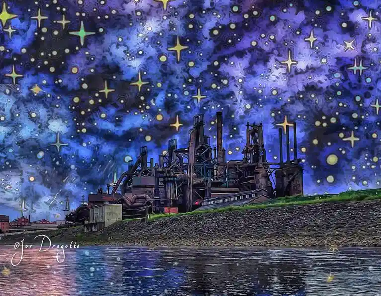 A digitally altered image shows a large, rusty industrial factory complex on a riverbank under a vibrant, star-filled night…