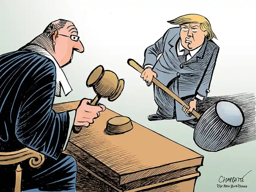A cartoon depicts a judge holding a small wooden gavel while facing Donald Trump, who is wielding a large, oversized…