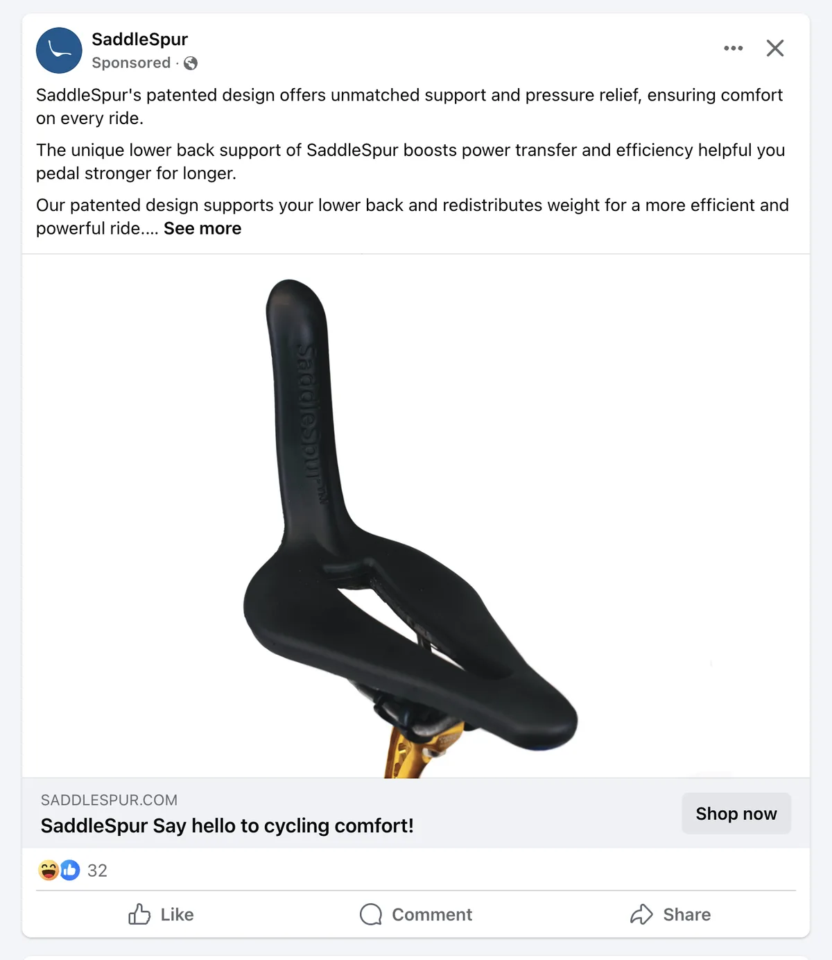 A sponsored Facebook ad for SaddleSpur, a black bicycle saddle with a tall, curved support structure, claims to offer…