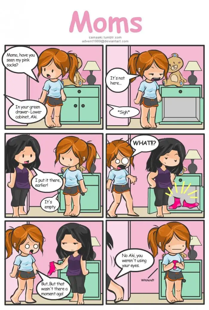 A six-panel comic titled 'Moms' shows a child asking her mother where her pink socks are, leading to the mother revealing…
