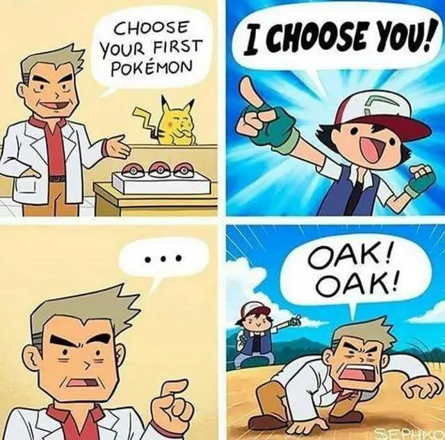A four-panel Pokémon meme showing Professor Oak presenting three Poké Balls to a young trainer. The trainer enthusiastically…