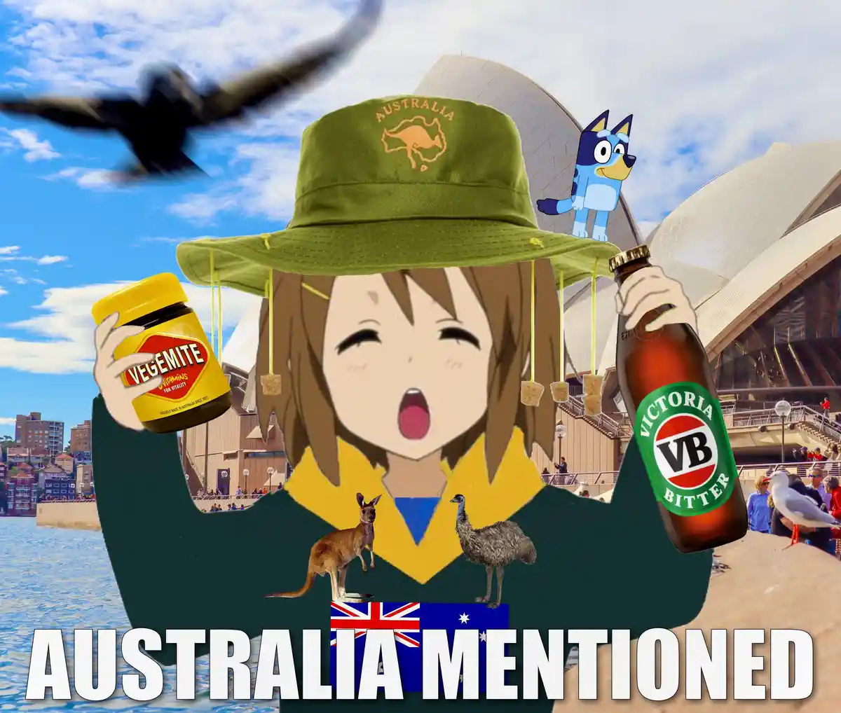 An anime girl with a green 'Australia' bucket hat holds a jar of Vegemite and a bottle of Victoria Bitter beer, with a…