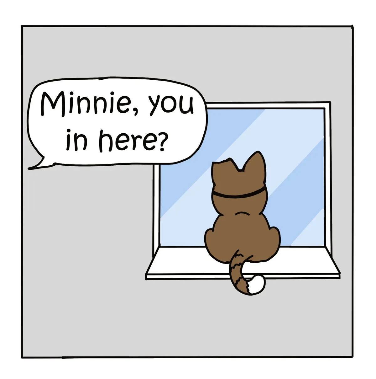 A cartoon brown cat with a white-tipped tail sits on a windowsill facing outward, looking at a blue sky. A speech bubble to…