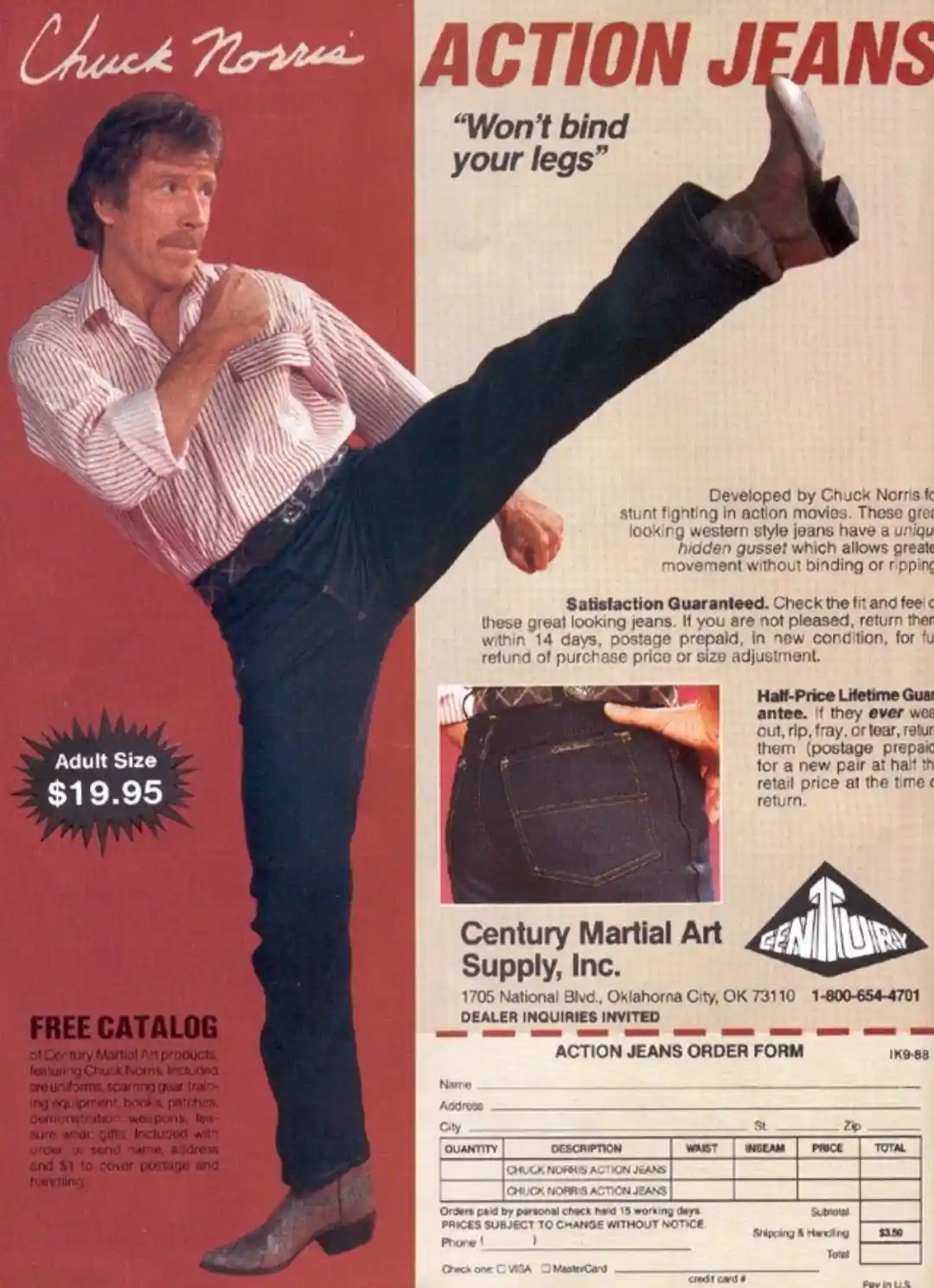 A vintage 1980s print advertisement for 'Chuck Norris Action Jeans' shows Chuck Norris mid-kick in a red background, wearing…