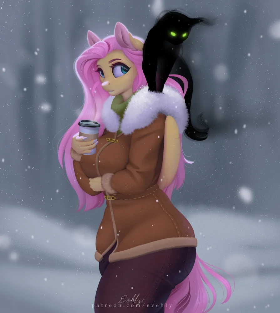A pink-haired anthropomorphic pony in a winter coat stands in a snowy scene, holding a coffee cup, while a black cat with…
