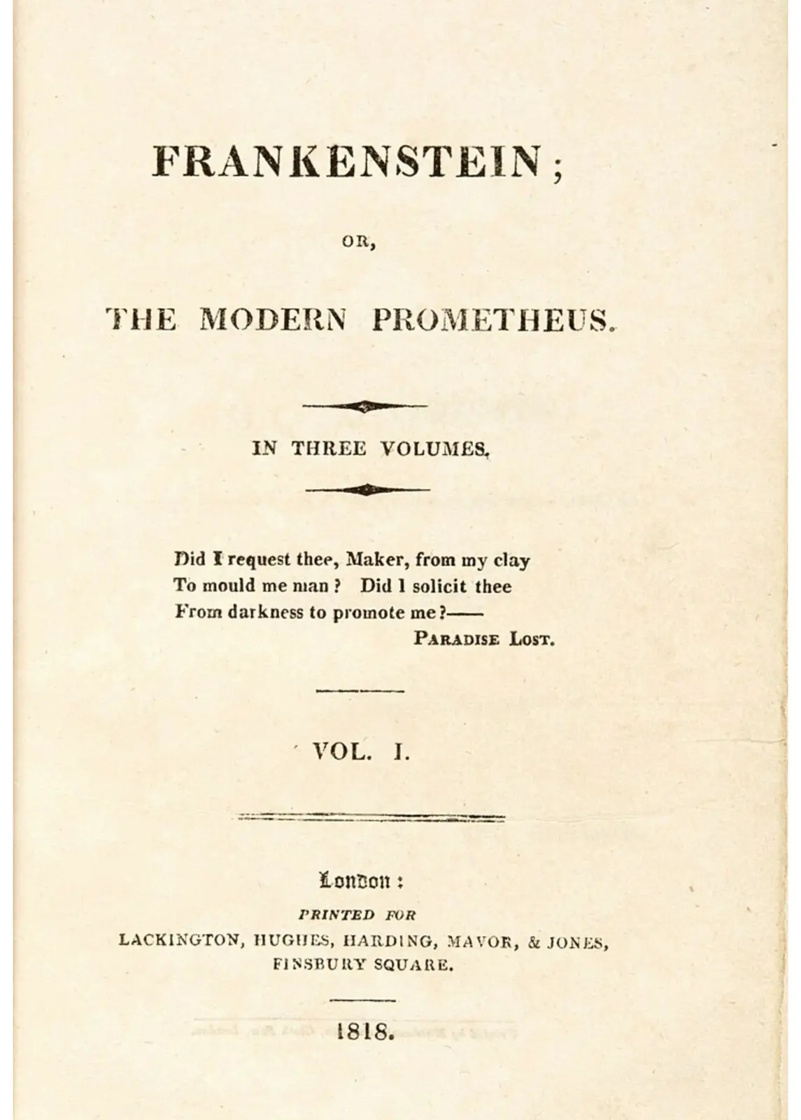 The image shows the title page of Mary Shelley's 1818 novel 'Frankenstein; or, The Modern Prometheus', Volume I. The page…