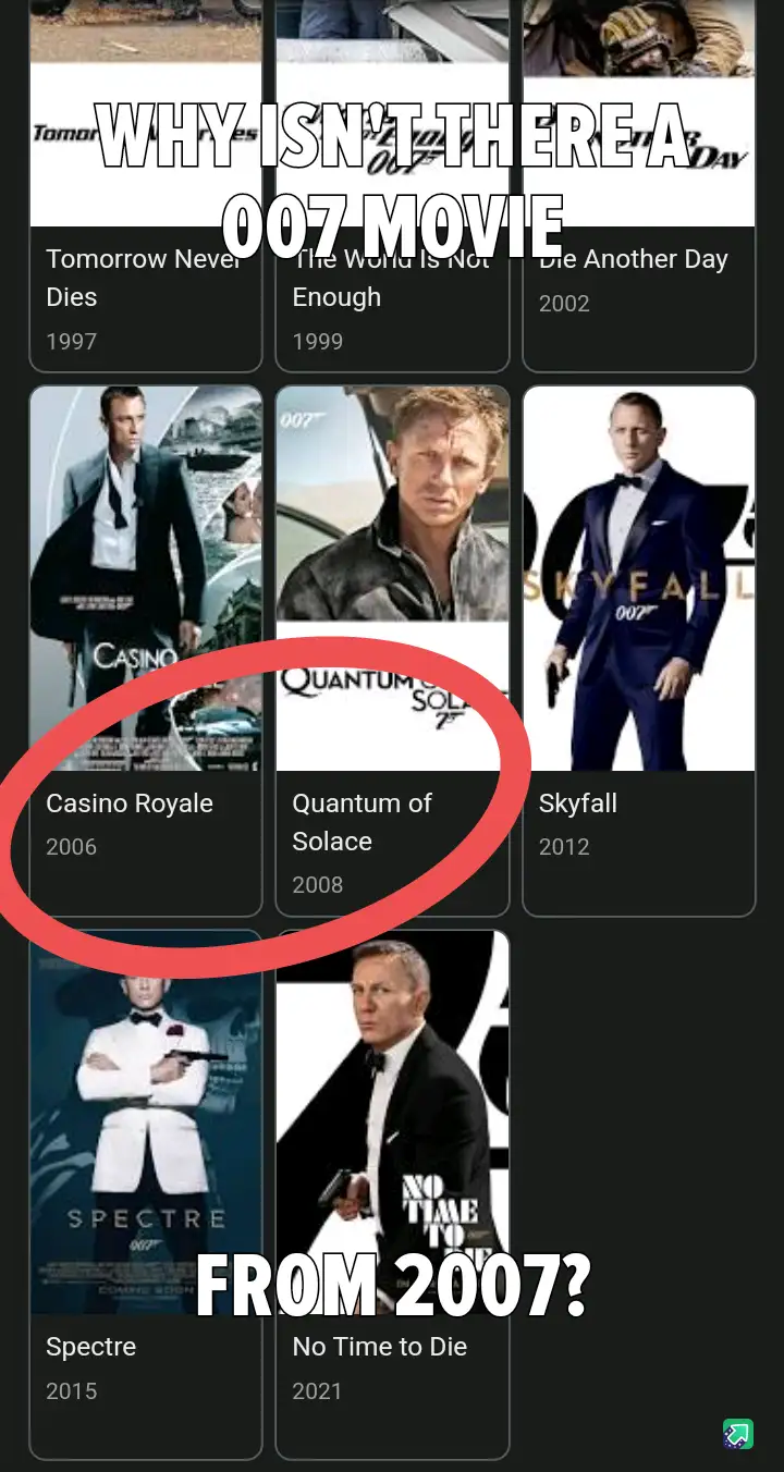 A grid of James Bond movie posters from 1997 to 2021, with 'Casino Royale' (2006) circled in red. Large white text at the…