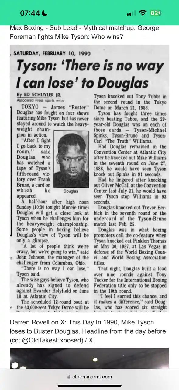 A 1990 newspaper clipping shows a headline about Mike Tyson's confidence before his fight against Buster Douglas, with a…