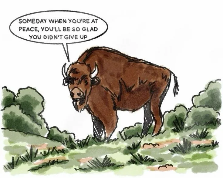A watercolor-style illustration of a brown bison standing in a grassy field with bushes. The bison has a speech bubble above…