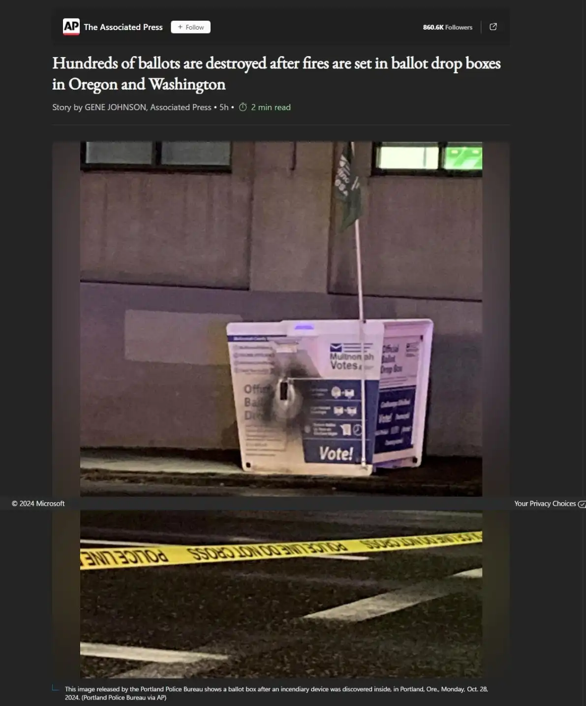 A news article screenshot shows a damaged ballot drop box with visible burn marks and smoke residue, placed against a…