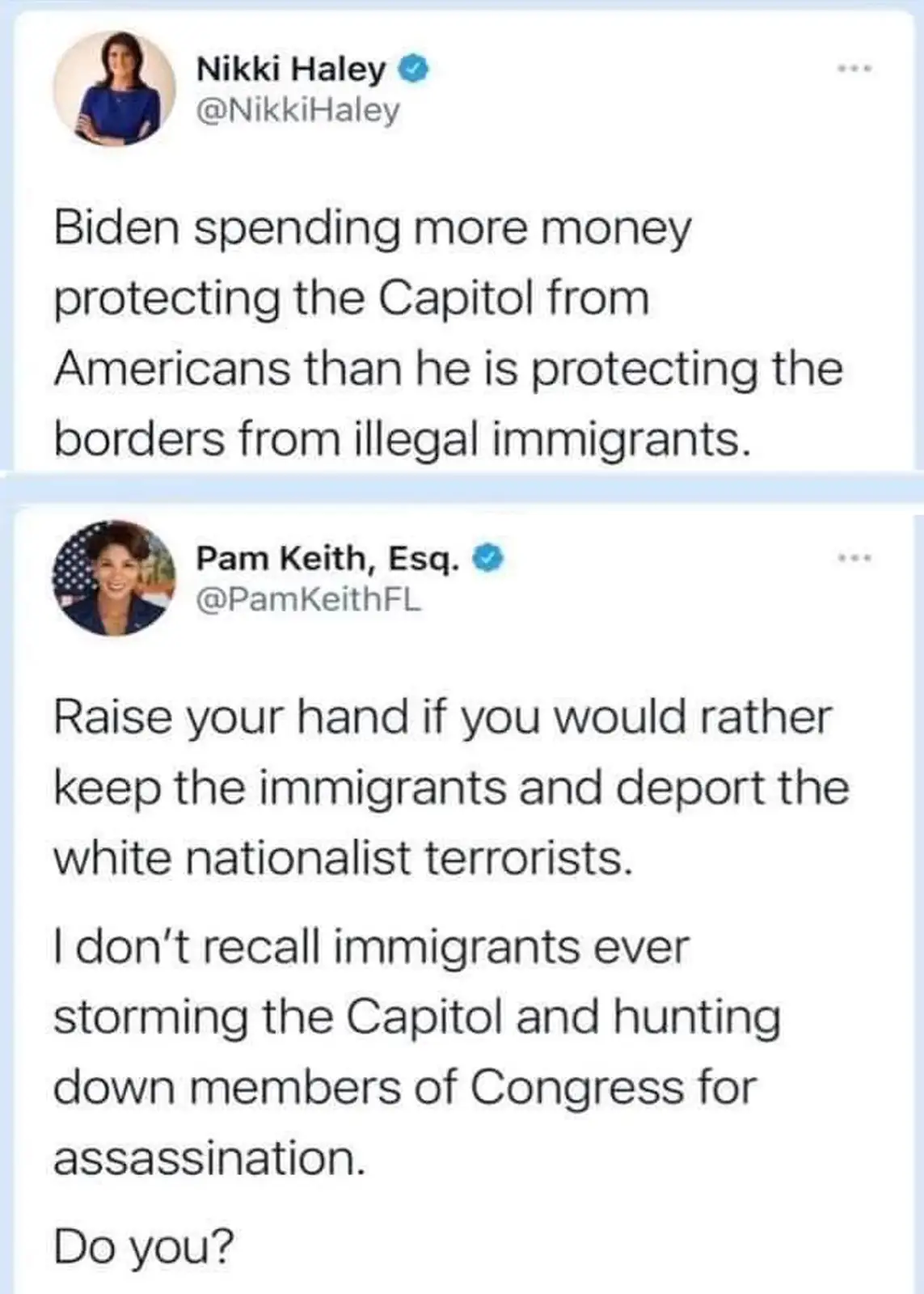 The image displays two Twitter posts. The top post by Nikki Haley claims Biden spends more on Capitol security than border…