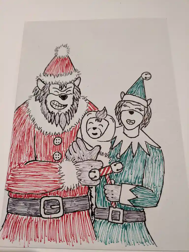 A hand-drawn, colored illustration shows three anthropomorphic wolf characters dressed in Christmas attire: a large wolf in…