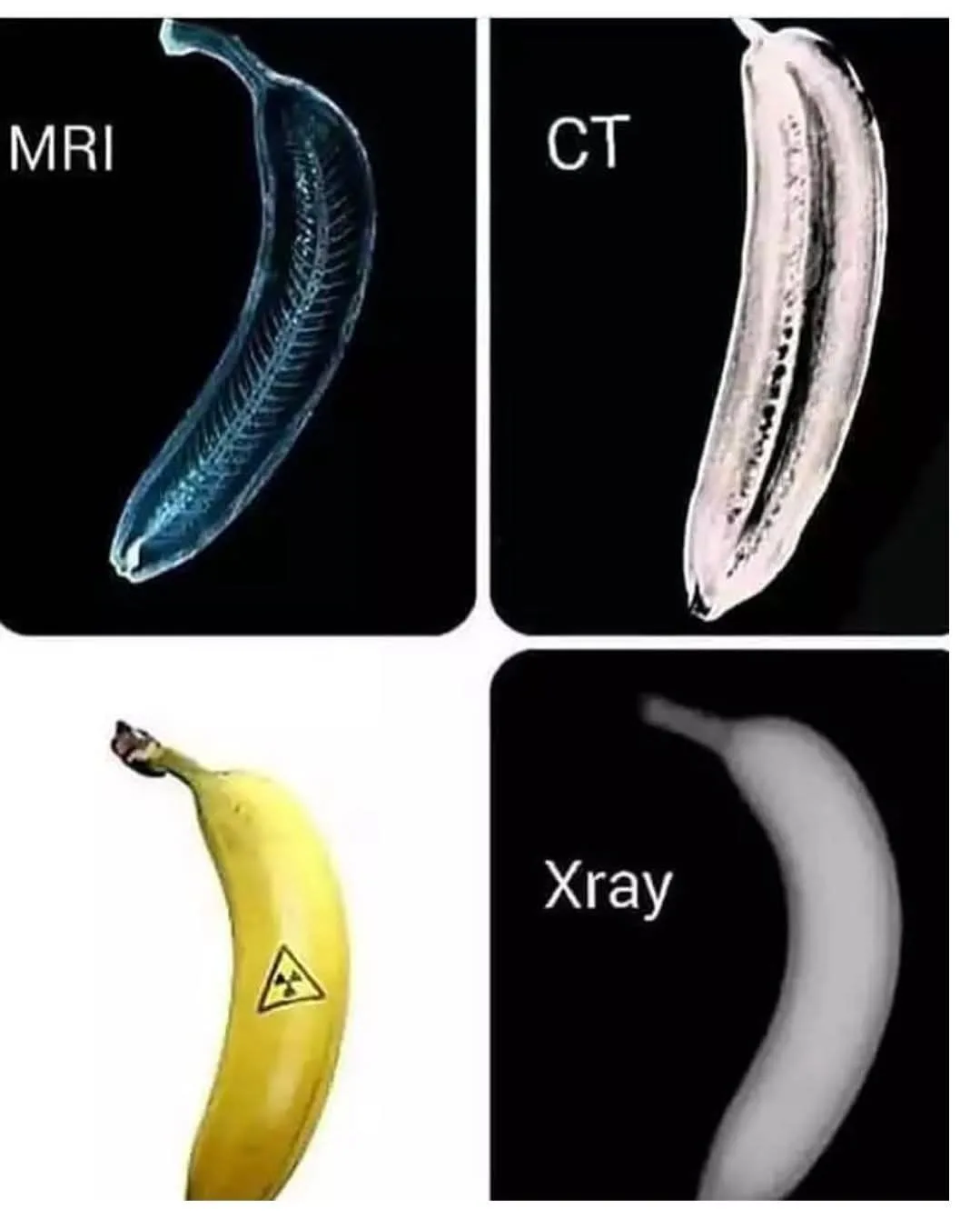 The image displays four panels: top-left shows an MRI scan of a banana labeled 'MRI', top-right shows a CT scan labeled…