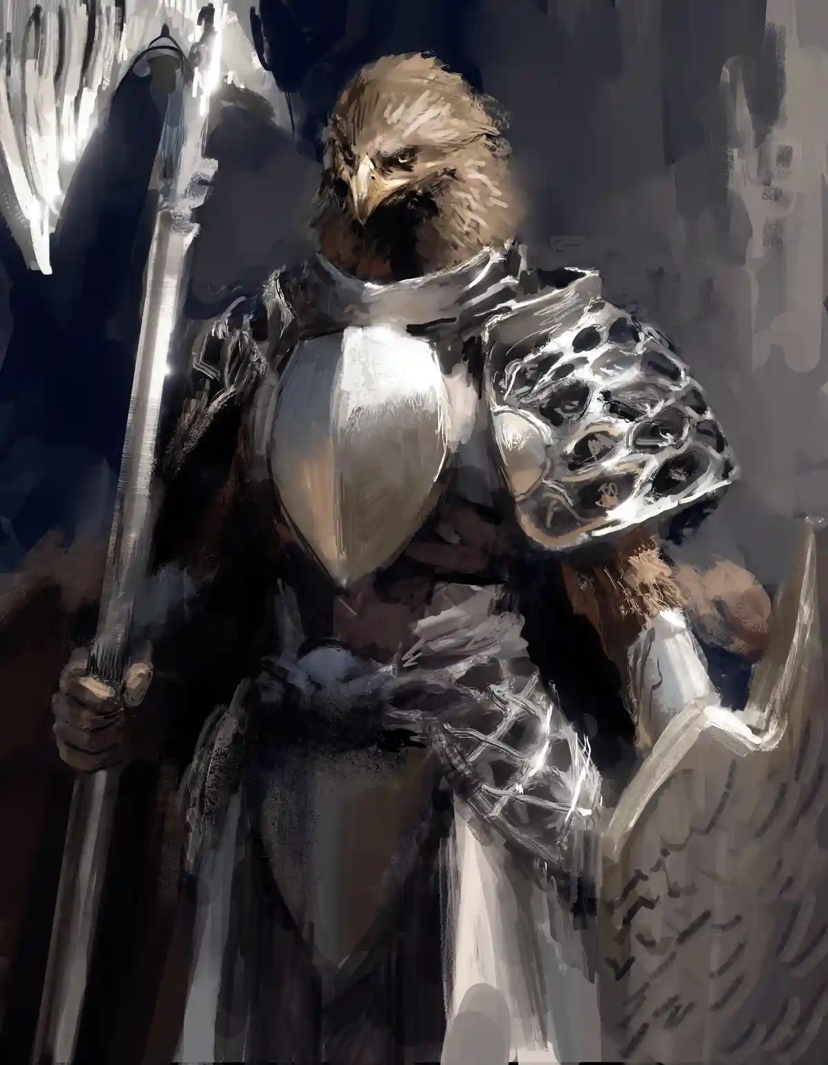 A digitally painted image shows a large bird, resembling an eagle or hawk with brown and white feathers, wearing full silver…