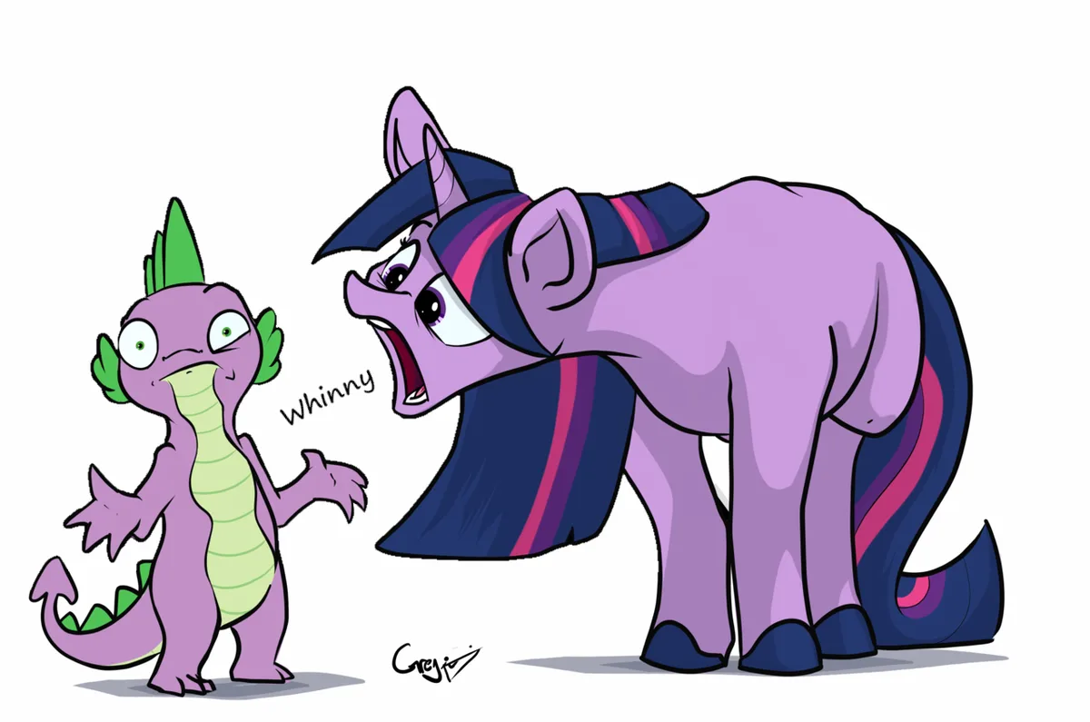 A cartoon purple dragon with green spikes and a light green belly stands facing a larger, angry-looking purple pony with a…