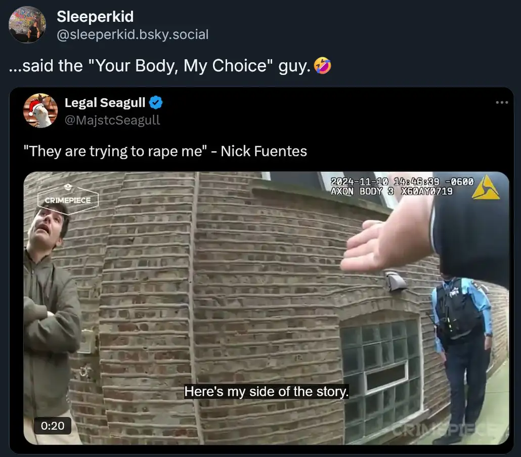 A screenshot of a social media post showing a bodycam video where a man in a green jacket stands against a brick wall with…