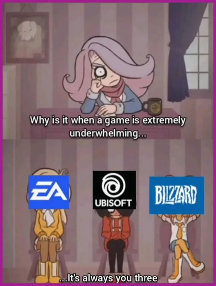 An anime-style character with pink hair sits at a desk looking frustrated, with text above reading 'Why is it when a game is…