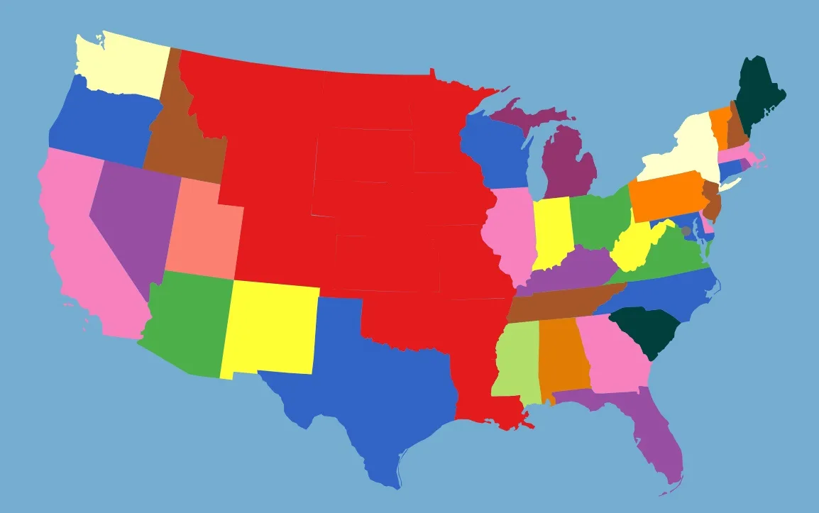 a colorful map of the united states with each state filled with a different solid color, including red, blue, yellow, green…
