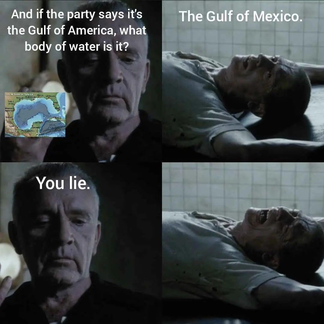 A four-panel meme using scenes from 'The Shawshank Redemption' where a man asks a geography question about the Gulf of…