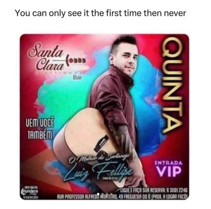 An image of a Brazilian sertanejo music poster for Luiz Felipe's show at Santa Clara Bar, featuring him holding a guitar…