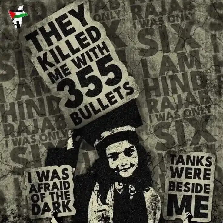A black-and-white image shows a stylized young girl holding a large sign that reads 'THEY KILLED ME WITH 355 BULLETS'. She…