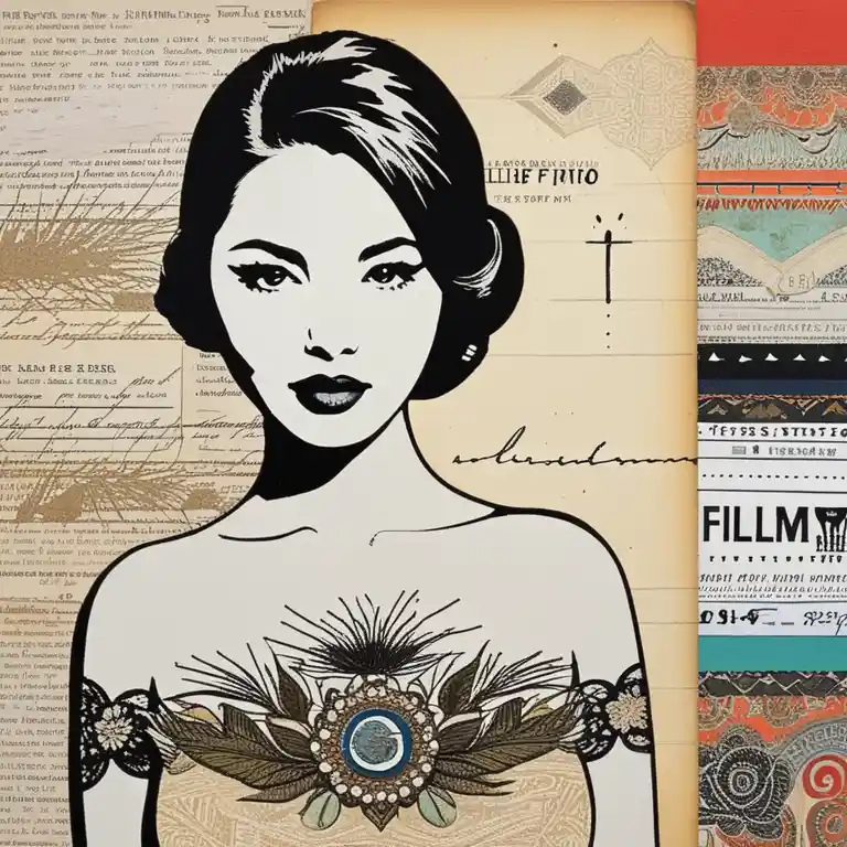 A stylized black-and-white illustration of a woman with a decorative, jewel-encrusted chest piece is overlaid on a collage…