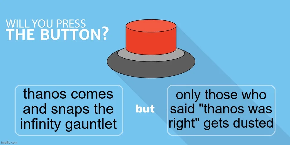 A red button sits centered on a blue background with white text above asking 'WILL YOU PRESS THE BUTTON?'. Two text boxes…