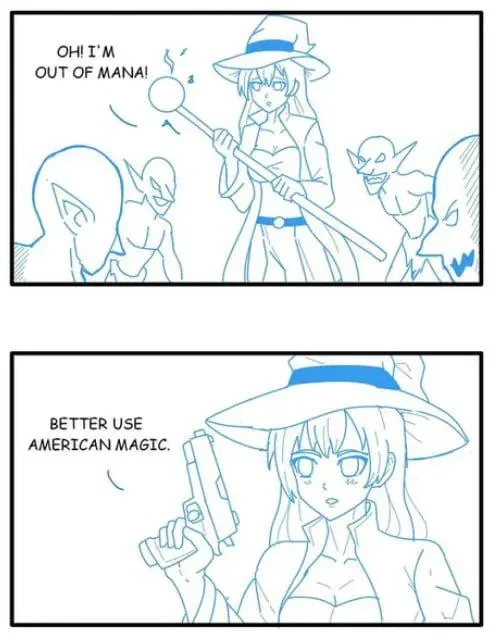 A two-panel anime-style comic shows a female mage in a hat holding a magic wand, exclaiming she's out of mana as goblins…