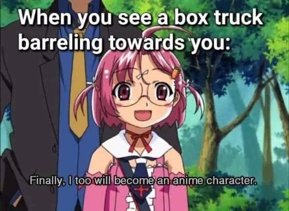 An anime girl with pink hair and glasses, wearing a pink outfit with a white collar and red bow, stands in a forest with a…
