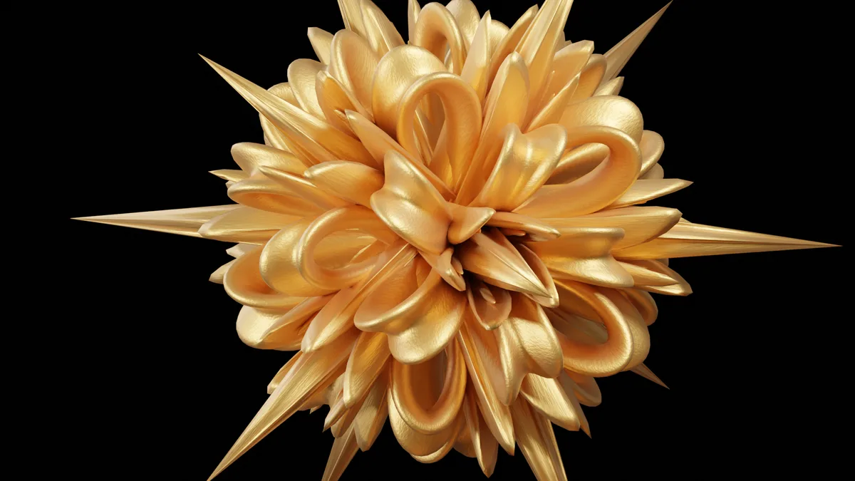 A 3D-rendered golden flower-like object with metallic petals and sharp spikes radiating outward against a black background…