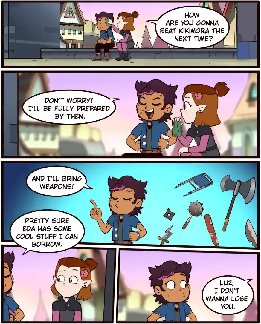 A four-panel comic strip from 'The Owl House' shows Luz and her friend. In the first panel, Luz asks how she'll beat…