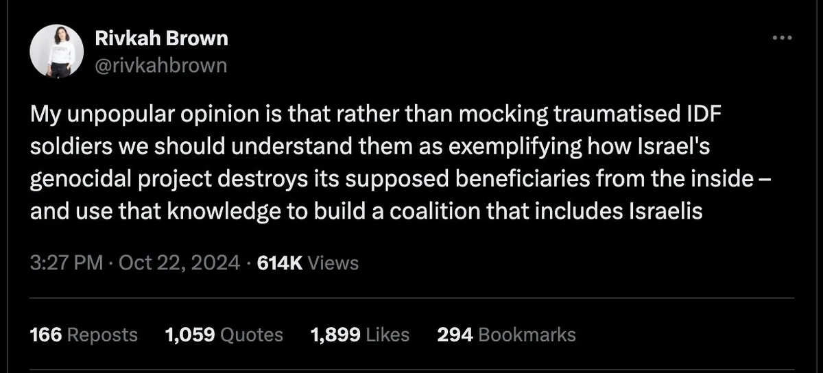A screenshot of a tweet by Rivkah Brown, showing her profile picture, username, and the full text of her tweet. The tweet…